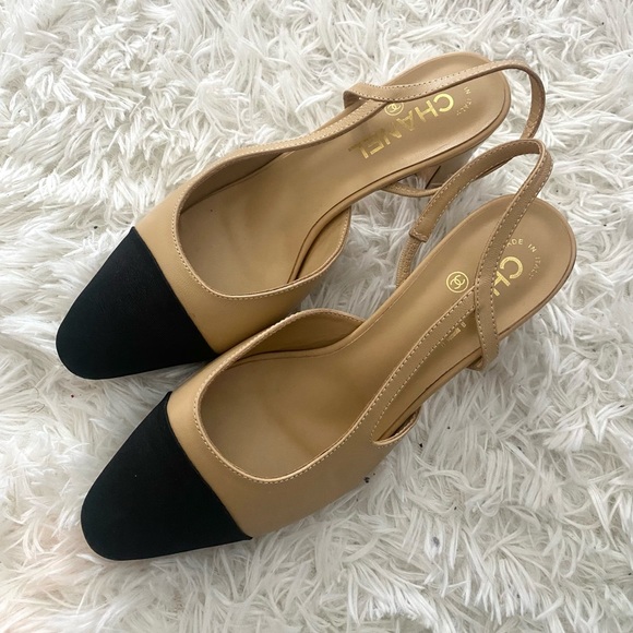 CHANEL Shoes - Iconic Chanel Cap Toe CC Two Tone Slingback Kitten Mule Heels Beige & Black